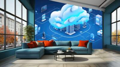 Embark on a digital journey to the cloud, where data and information are securely stored and effortlessly accessed, Generative AI  Wall mural