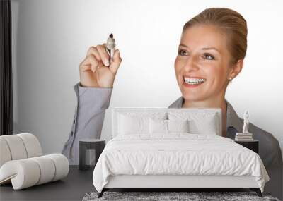 Caucasian blond business woman writing on white isolated backgro Wall mural