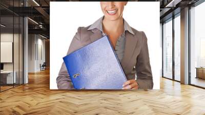 Caucasian blond businesswoman in suit holding ring binder on whi Wall mural