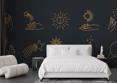 Aesthetic astral hands. Collection of cosmic and celestial elements with sun, moon and stars. Isolated editable linear vectors. Wall mural