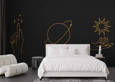 Aesthetic hands and cosmic and celestial elements. Universal cosmos related icons. Linear vector illustrations. Magic and Witchcraft symbology. Wall mural