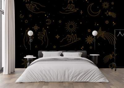 Astrology human hands with stars in boho style. Esoteric elements. Spirituality and magic symbols. Wall mural