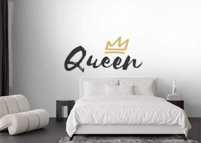 Queen word lettering with gold doodle crown. Vector illustration, calligraphic style text. Wall mural