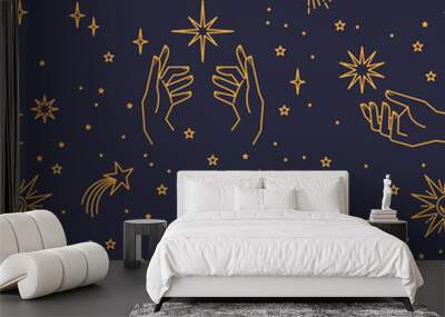 Seamless pattern with constellations. Sun, moon, magic hands and stars. Mystical esoteric background for design. Astrology magical vector. Wall mural