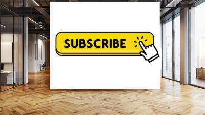 Subscribe button with hand click icon. Finger pointer clicking web site call to action. Clic vector. Wall mural