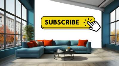 Subscribe button with hand click icon. Finger pointer clicking web site call to action. Clic vector. Wall mural