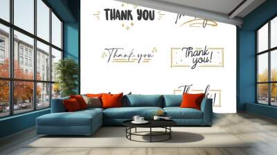 Thank You lettering compositions written with decorative calligraphic font. Bundle of gratitude phrase decorated with cute elements. Hand drawn thanks vector quotes. Wall mural