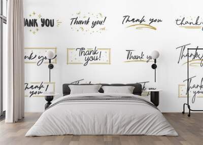 Thank you lettering. Black text word with gold stars. Hand drawn message design. Handwritten modern brush typo isolated vector. Scratched calligraphy style. Wall mural