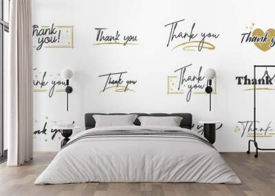 Thank you lettering. Black text word with gold stars. Hand drawn message design. Handwritten modern brush typo isolated vector. Scratched calligraphy style. Wall mural