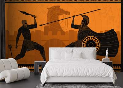 orange and black figures pottery amphora painting of troy war with achilles fighting hector Wall mural