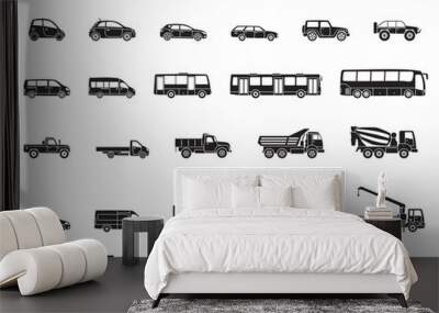 Detailed icons of cars, buses and trucks of various types. Vector illustration Wall mural