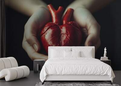 hands holding real human heart Wall mural