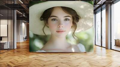 outdoors portrait of peaceful young fresh woman wearing hat in the nature on the sunlight, bright smile Wall mural