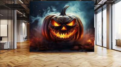 a creepy pumpkin with a carved grimace in the smoke jack o lantern in the dark Wall mural