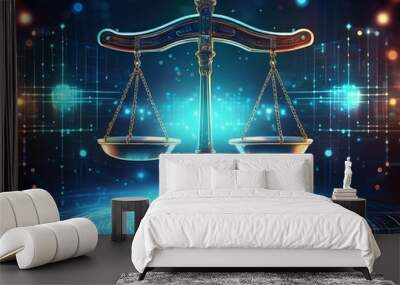 digital scales of justice symbolize the balance of fairness in a high tech legal landscape that integrates data analysis and technology Wall mural