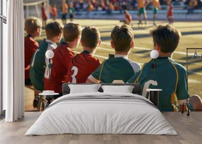 Group of school boys on the bench at soccer game. Youth football players watching tournament match. Kids wearing soccer jersey shirts Wall mural