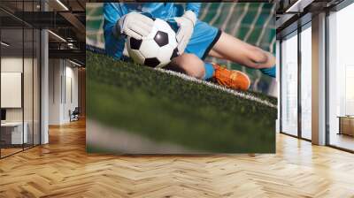 Young boy as a soccer goalie catching the ball during a soccer match. Football goalkeeper in jersey shirt and sports gloves play a football tournament game Wall mural