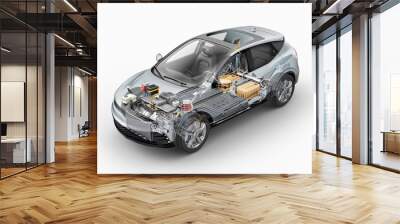 electric car technical cutaway 3d rendering. Wall mural