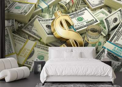 Money. Mixed wads of USD banknotes and gold dollar sign. Wall mural