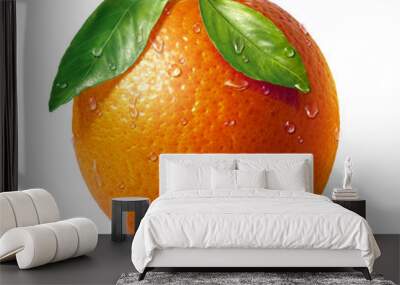 Orange fresh fruit with two leaves and water droplets, on white Wall mural