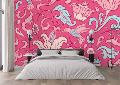 Pink pattern with flowers and birds. Wall mural