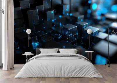 Abstract Digital Grid of Cubes with Blue Glowing Lines Wall mural