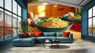 Bowl of Noodles with Green Onions and Ginger Wall mural