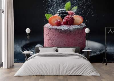 Delicious Pink Cake with Fresh Berries and Powdered Sugar Wall mural