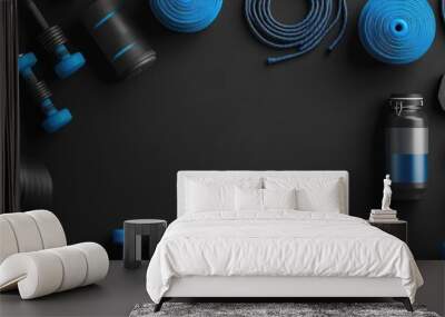 Fitness Equipment Flat Lay with Black and Blue Color Scheme Wall mural