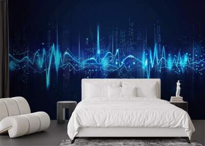 Illustration of sound waves on a dark background. Abstract blue digital equalizer indicator. Electronic sound or audio track graphic meter. Wall mural