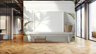 White Frame Mockup with Tropical Plants and Wicker Baskets Wall mural