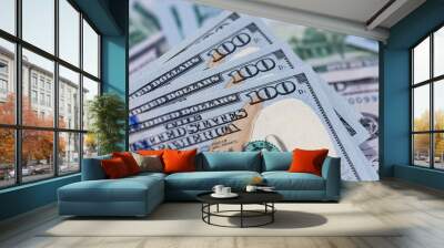 Close up of one hundred US dollar banknotes. Money background. Financial, business, investment and economical concept. Wall mural