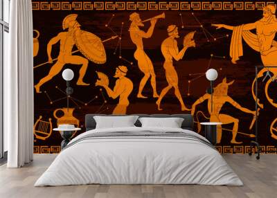 Ancient Greece horizontal seamless pattern. Greek mythology. Centaur, people, gods of an Olympus. Vase painting. Red figure style Wall mural