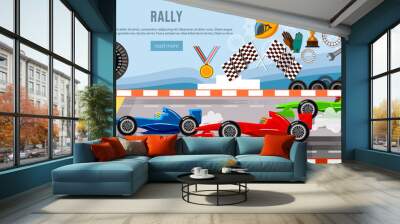 Car racing banner. Tyre drift on race circuit finish line Wall mural