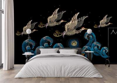 Embroidery pack of asian cranes flies over sea. Japan art. Template for clothes, t-shirt design Wall mural