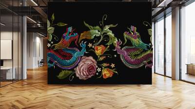 Embroidery two chinese dragons, roses and peonies flowers. Classical embroidery asian dragons and beautiful red roses vector. Art dragons t-shirt design. Clothes, textile design template Wall mural