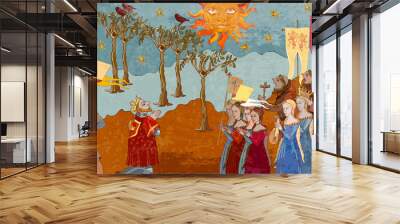 medieval scene. ancient book vector illustration. king and queen. priests and soldiers protect castl Wall mural