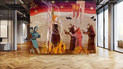 Medieval scene. Inquisition. Burning witches. Ancient book vector illustration. Middle Ages parchment style. Joan of Arc (Jeanne d'Arc) concept. Monks and soldiers at a fire with the witch Wall mural