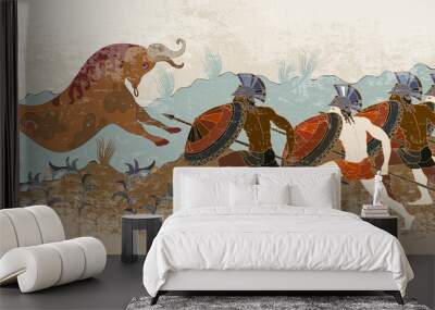 Minoan civilization. Ancient Greece banner. Hunting for a Minotaur. Classical medieval style. Vector illustration Wall mural