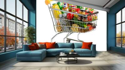 Shopping Cart with grocery item in transparent background Wall mural