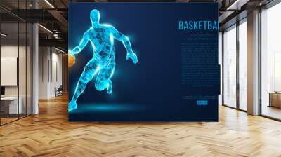 Abstract basketball player from particles, lines and triangles on blue background. All elements on a separate layers, color can be changed to any other. Low poly neon wire outline geometric vector Wall mural