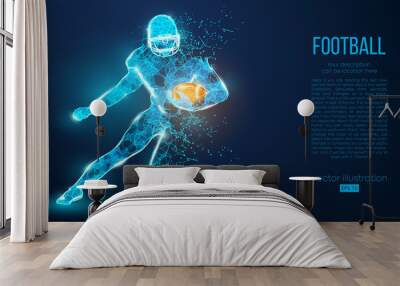 Abstract football player from particles, lines and triangles on blue background. Rugby. American footballer. All elements on a separate layers, color can be changed to any other in one click. Vector Wall mural