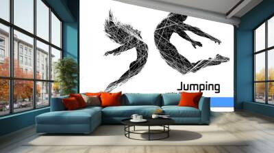 Silhouette of a jumping man and girl. Wall mural