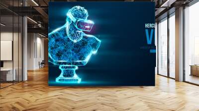 VR headset holographic low poly wireframe banner. Abstract silhouette of the polygonal statue of Hercules, man wearing virtual reality glasses. VR games. Particles on blue background, vector neon Wall mural