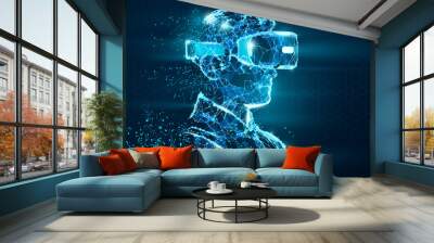 VR headset holographic low poly wireframe vector banner. Polygonal man wearing virtual reality glasses, helmet. VR games playing. Particles, dots, lines, triangles on blue background. Neon light. Wall mural