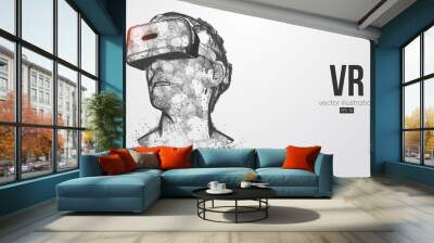 VR headset holographic low poly wireframe vector banner. Polygonal man wearing virtual reality glasses, helmet. VR games playing. Particles, dots, lines, triangles on white background. Vector Wall mural