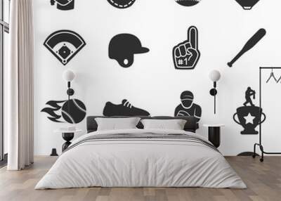 Baseball and softball icon set, isolated vector monochrome illustration Wall mural