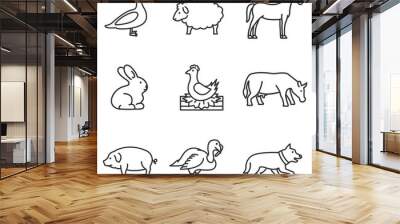 Farm animals icons set. Pets, thin line design. isolated vector illustration. Wall mural