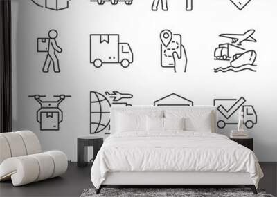 Logistics, delivery, receive of parcel and cargo icons set. Shipping methods, logistics chains, courier service, linear icon collection. Line with editable stroke Wall mural