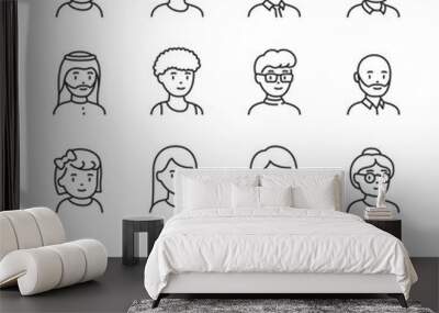 People icons set. Avatar men and women of different ages, young and old, linear icon collection. Portrait of a character with a face. Different gender and hairstyle. Line with editable stroke Wall mural